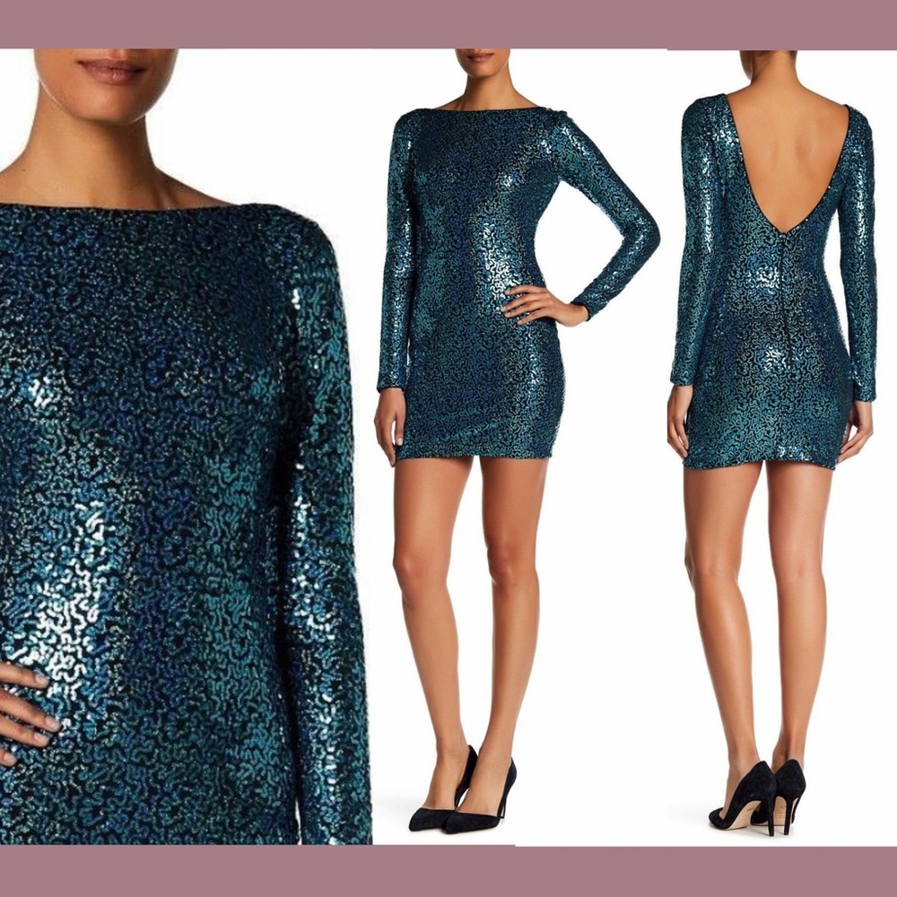 NEW Dress the Population‎ 'Lola' Sequin Body-Con Dress Turquoise [SZ Large ]